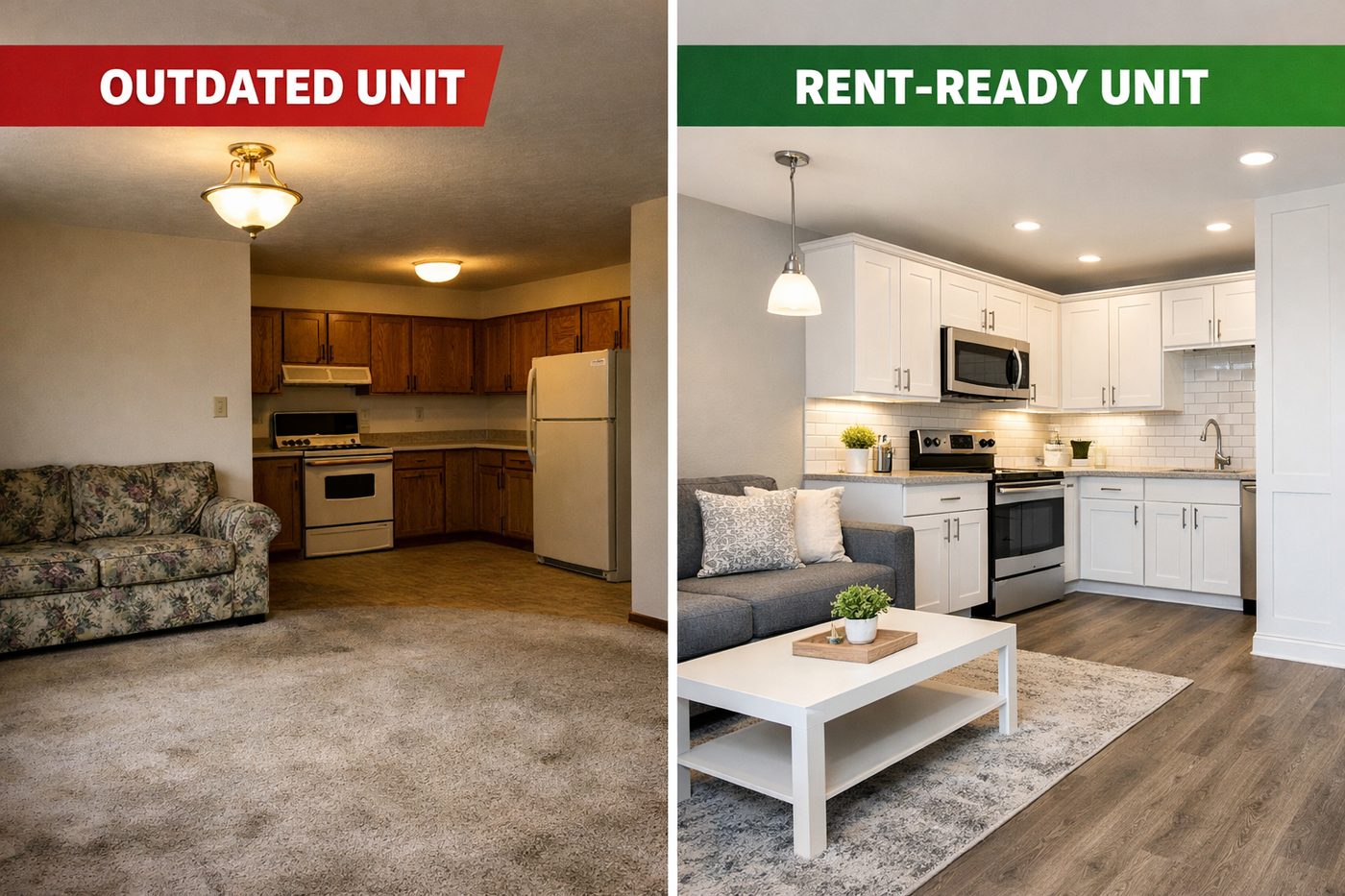 Outdated unit vs rent-ready unit comparison