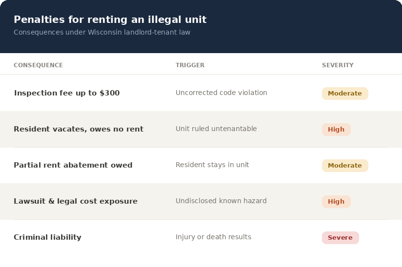 Table of Wisconsin penalties for an illegal rental unit, from a fine up to 0 to criminal liability