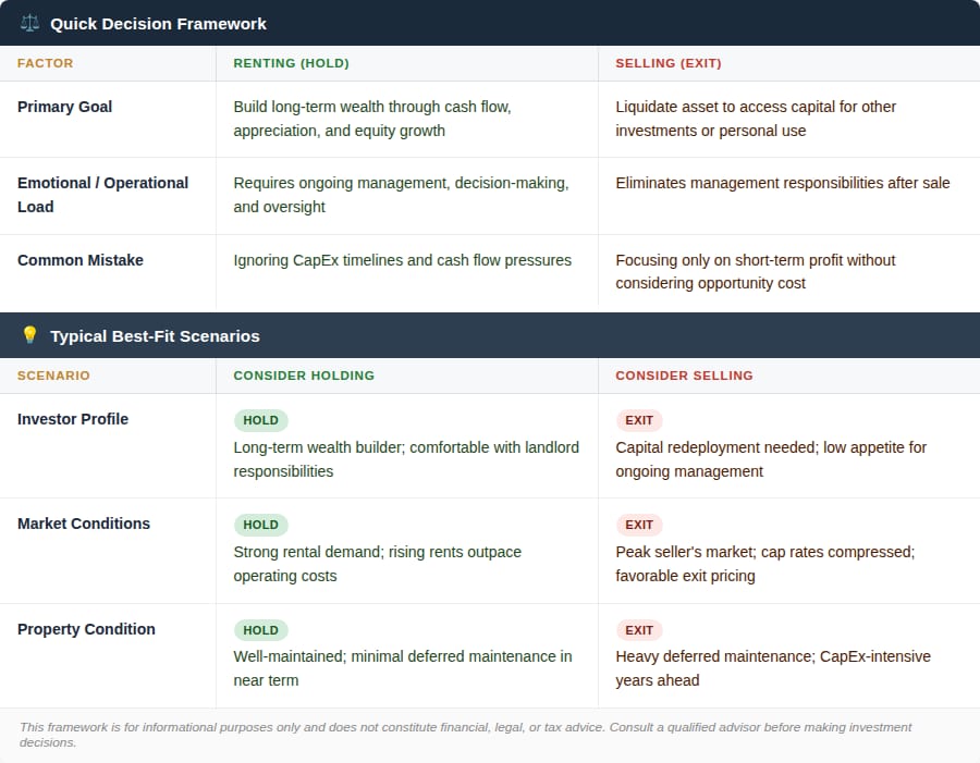 Decision framework table comparing holding versus selling a rental by goal, workload, market and property condition