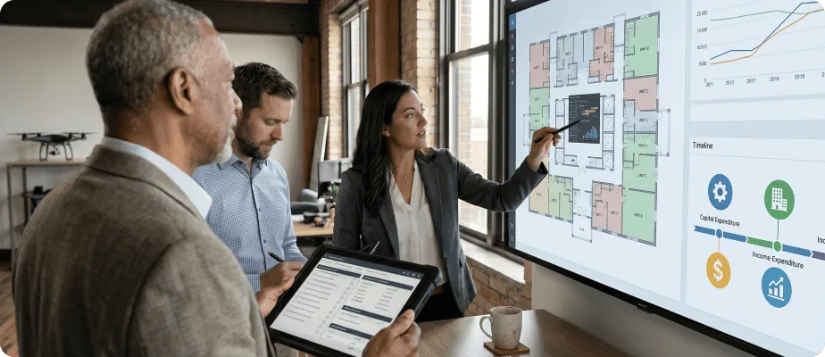 Investment team reviewing property floor plans and financial analytics