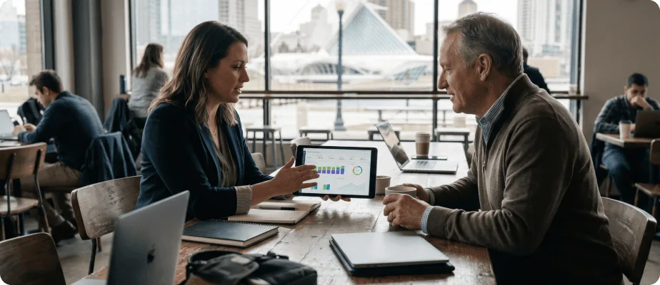 Two investors reviewing property data at a business meeting in Milwaukee