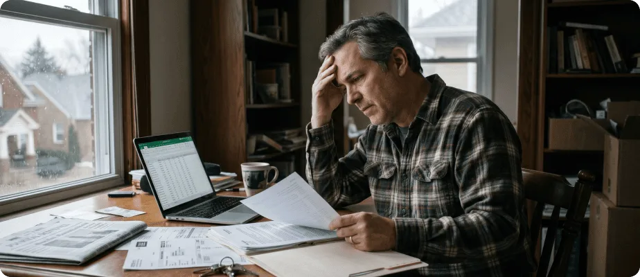 Frustrated property investor reviewing finances and paperwork at home