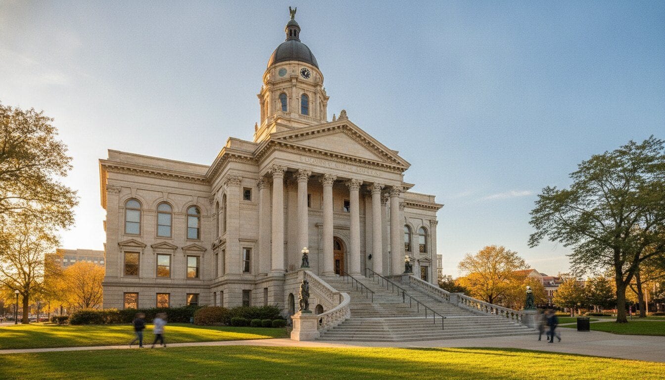 A stately Milwaukee civic courthouse building in warm daylight