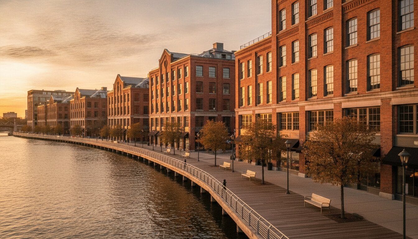 Restored warehouse lofts in Milwaukee's Historic Third Ward in autumn