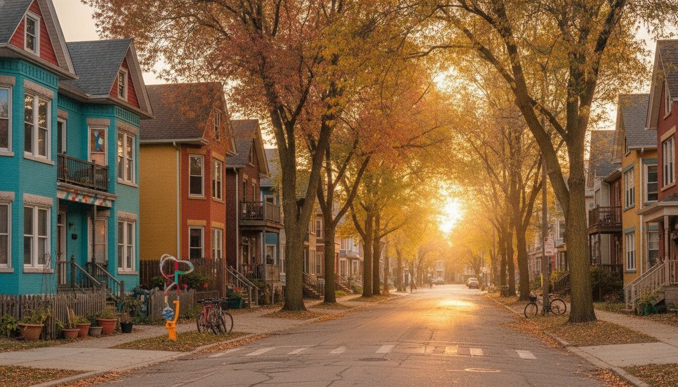 Eclectic duplexes and flats in Milwaukee's Riverwest neighborhood in autumn